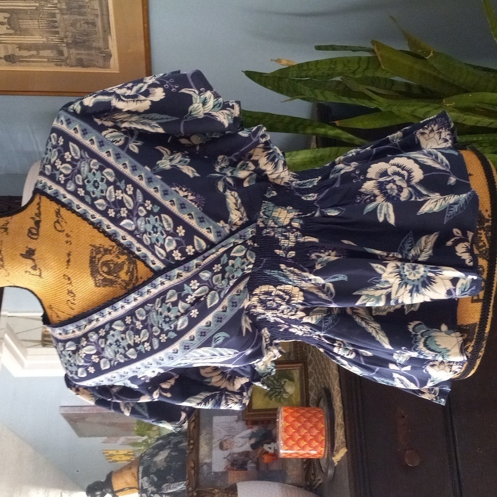 Angie Navy Blue Multicolored Floral Print Smock Waist Bohemian Blouse NWT